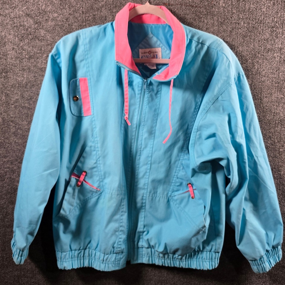 Vintage Casual Club Windbreaker Jacket Blue Pink Retro 80s 90s Large Womens